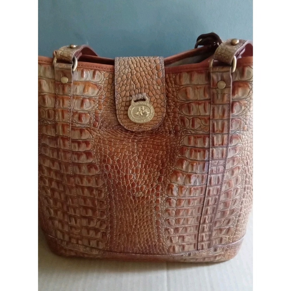Brahmin Cognac Brown‎ Alligator Embossed Leather Shoulder Bag Tote Purse